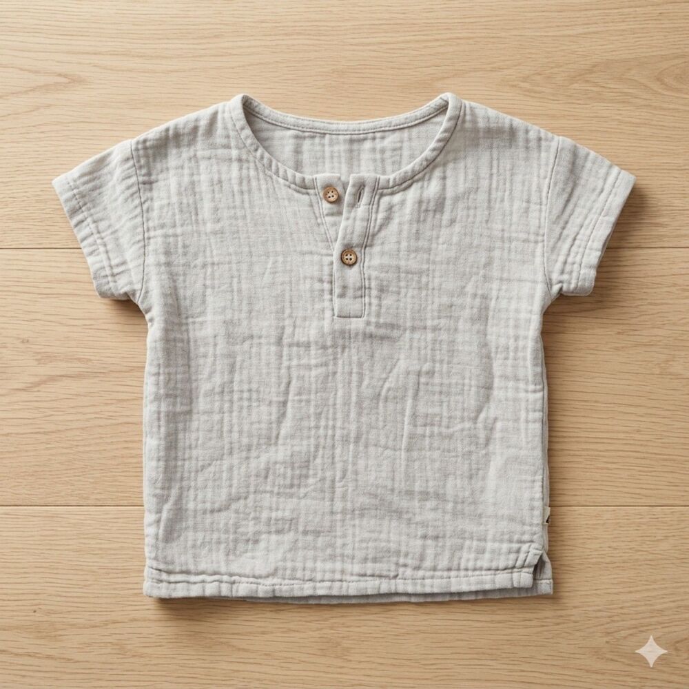 Easy Peasy Toddler Boy Light Gray Muslin Cotton Henley Shirt Size 2T EUC